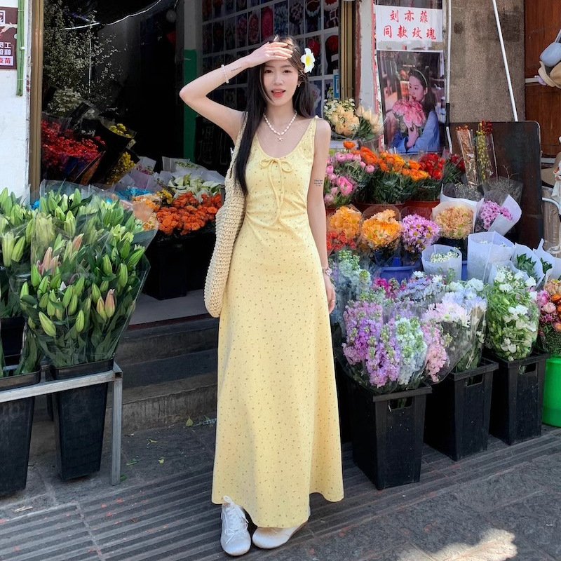 French Floral Bow-Tie Dress for Women 2026 Summer New Style Elegant Slim-Fitting Chic Long Skirt