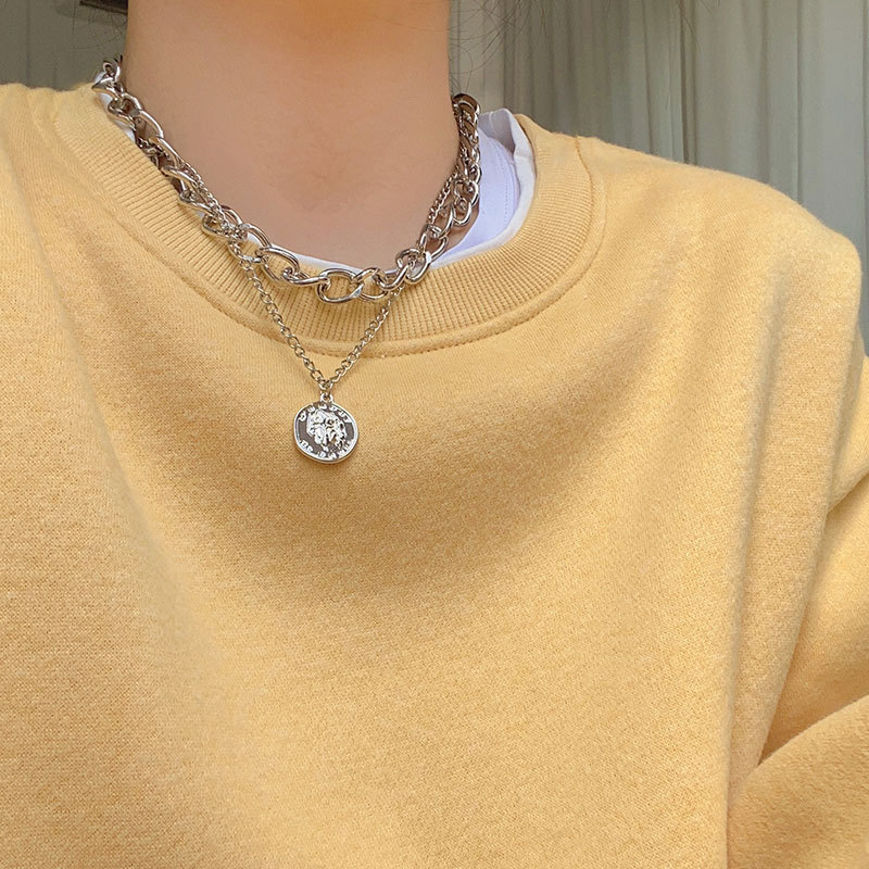 Retro Coin Sweater Chain Sweatshirt Necklace Women's Trendy Internet Celebrity Ins Hip-Hop Stylish Double-Layer Stacked Titanium Steel Clavicle Chain