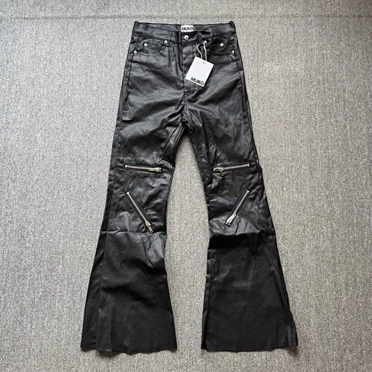 American High Street Vibe Style Knee Multi-Zip Coated Waxed Flared Jeans Black Floor-Length Pants for Men