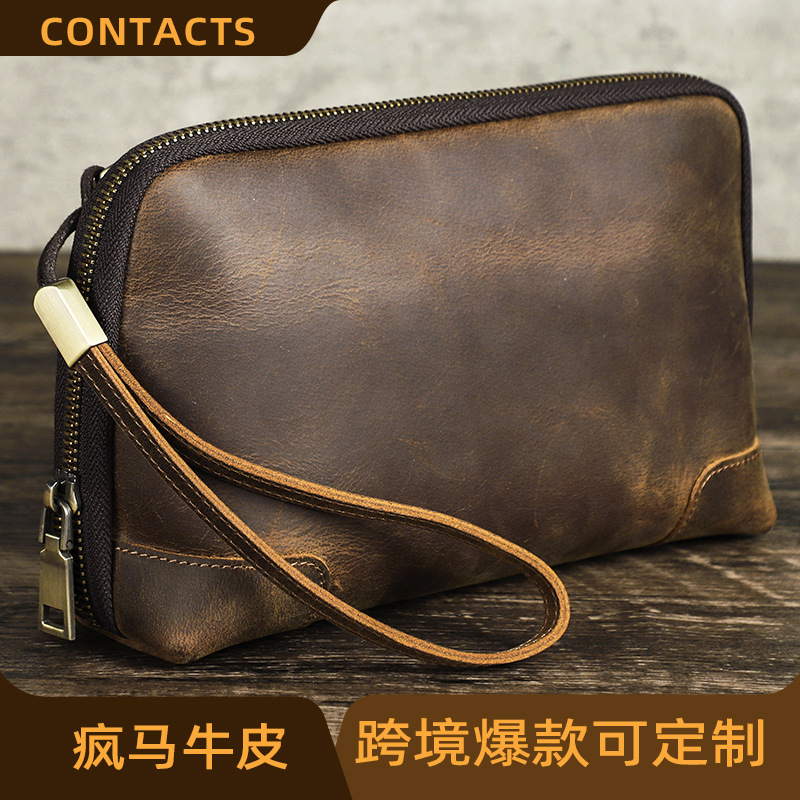 Black Angel Vintage Crazy Horse Leather Data Cable Bluetooth Headset Storage Bag with Wrist Strap Genuine Leather Men's Clutch