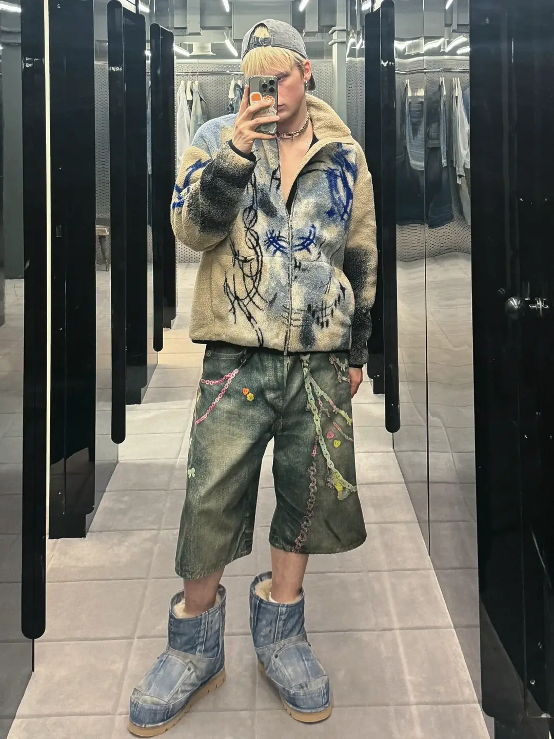 American Ac Style 3D Digital Print Candy Pants Chain Keychain Print Cropped Pants Men and Women Denim shorts