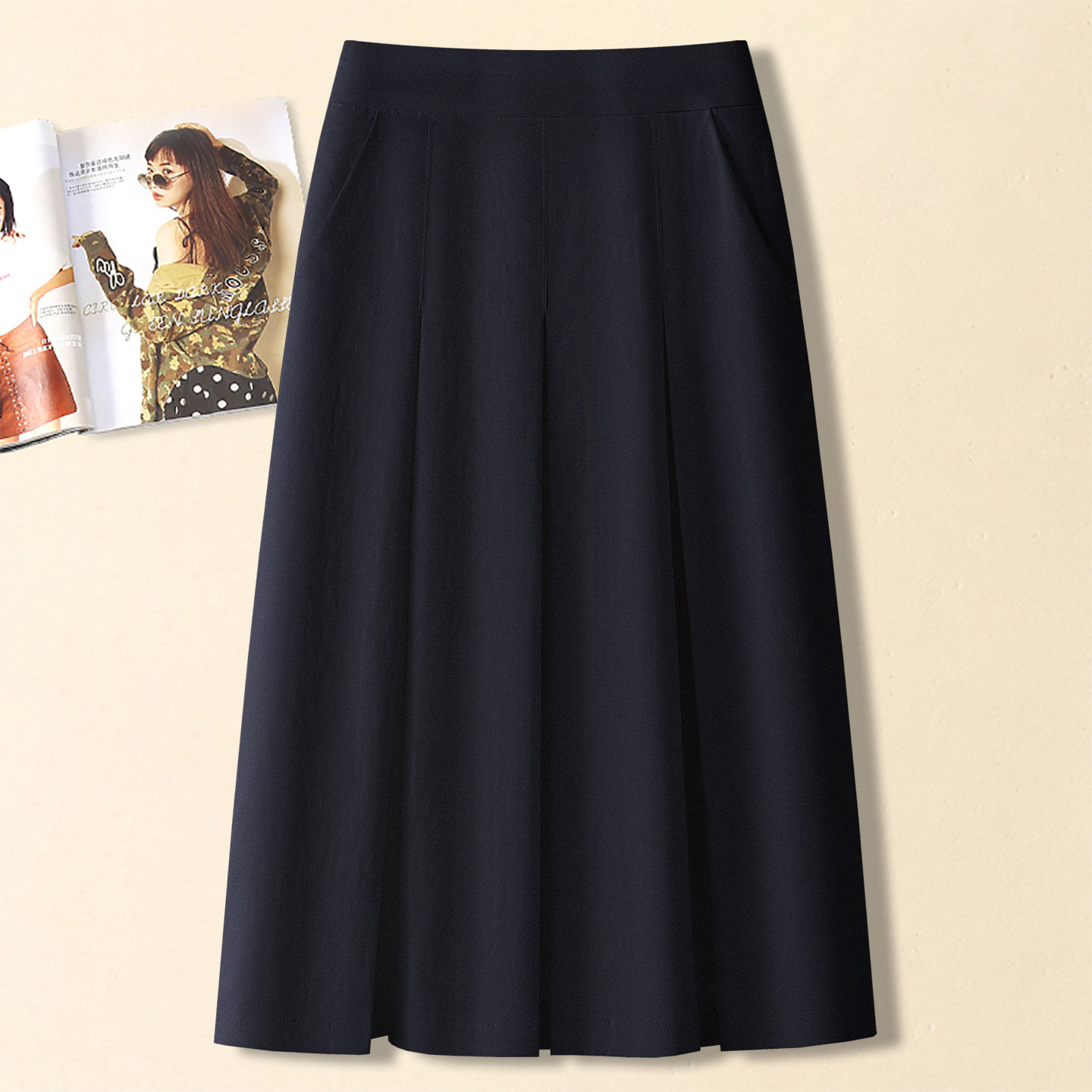 Fashionable High-Waisted Versatile Pleated Skirt for Women, 2026 Summer New Casual Slimming Loose Mid-Length Skirt