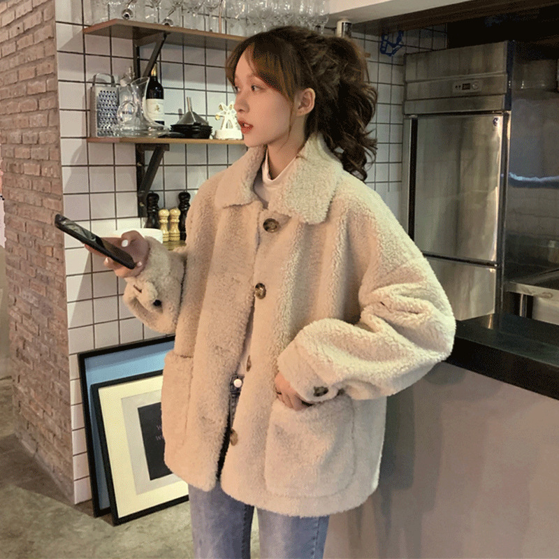 Faux lamb wool coat cotton-padded coat for women trendy ins Hong Kong style loose all-match small fleece-lined thickened single-breasted coat