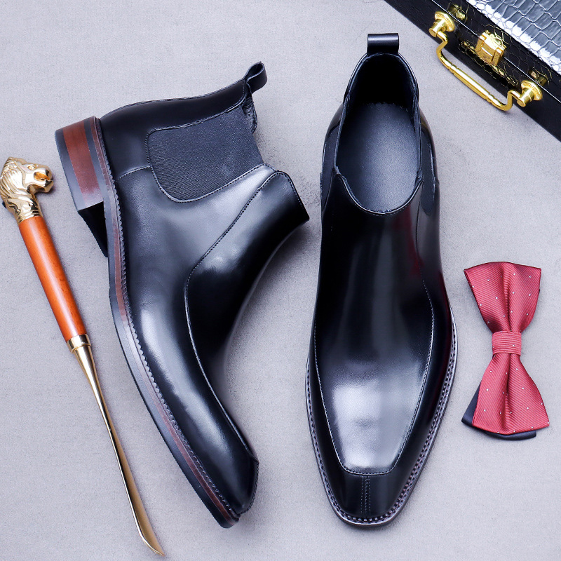 [Big Sale] Men's Boots Cowhide High-Top Leather Shoes Trendy Casual Korean Style Hairstylist Chelsea Boots Short Boots
