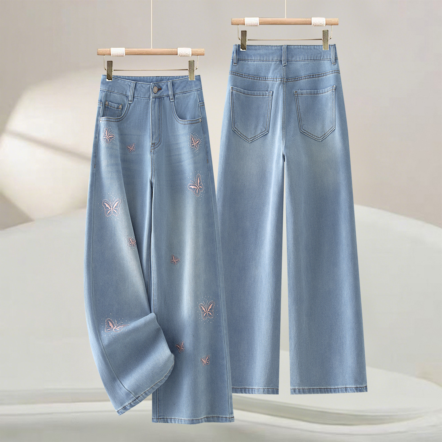 Korean Style Butterfly Embroidered Wide-Leg Jeans for Women 2026 Summer New Style Loose Slimming High-Waisted Straight Casual Pants
