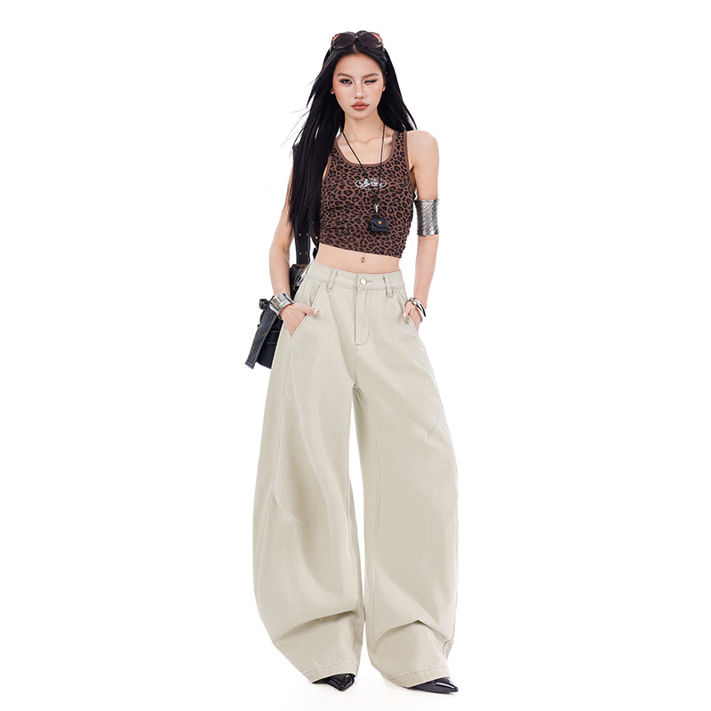 2026 Spring/Summer New Style Curved Wide-Leg Casual Jeans American High-Waisted Slimming Loose Straight-Leg Floor-Length Pants