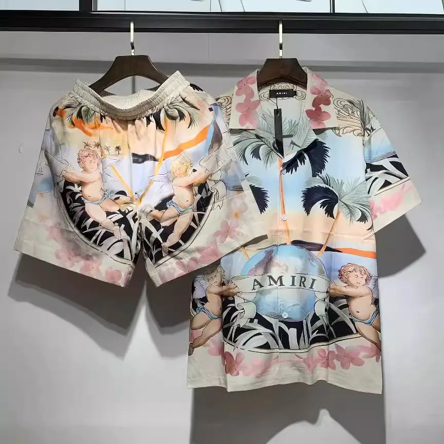 24 Cross-border European and American fashion brand amri micro-logo angel cupid casual short sleeve shirt men's and women's high street shorts suit