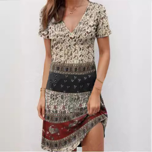 2024 Summer Amazon European and American Cross-border V-neck Short Sleeve High Waist Geometric Pattern Printed Midi Dress Women's Dress