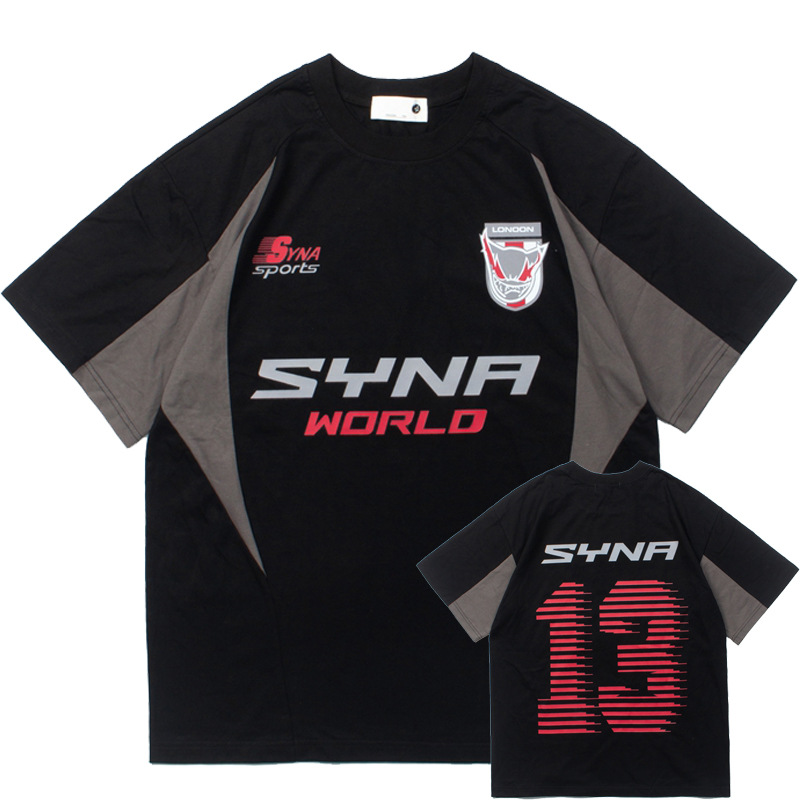 2026 Cross-Border American-Style Summer New Hip-Hop Street Racing Element Loose Patchwork Deconstructed Short-Sleeve T-Shirt