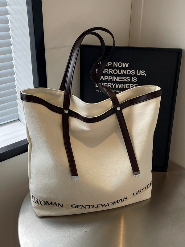 Gentle Woman Color Contrast Letter Printed Large Capacity Tote Canvas Bag 2024 New All-Match Shoulder Bag