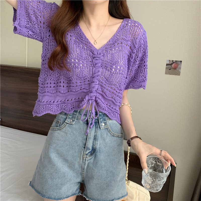 Summer New Thin Slightly See-Through Short-Sleeved Knitted Sun Protection Blouse for Women with Niche Drawstring Sweet Hollow Top