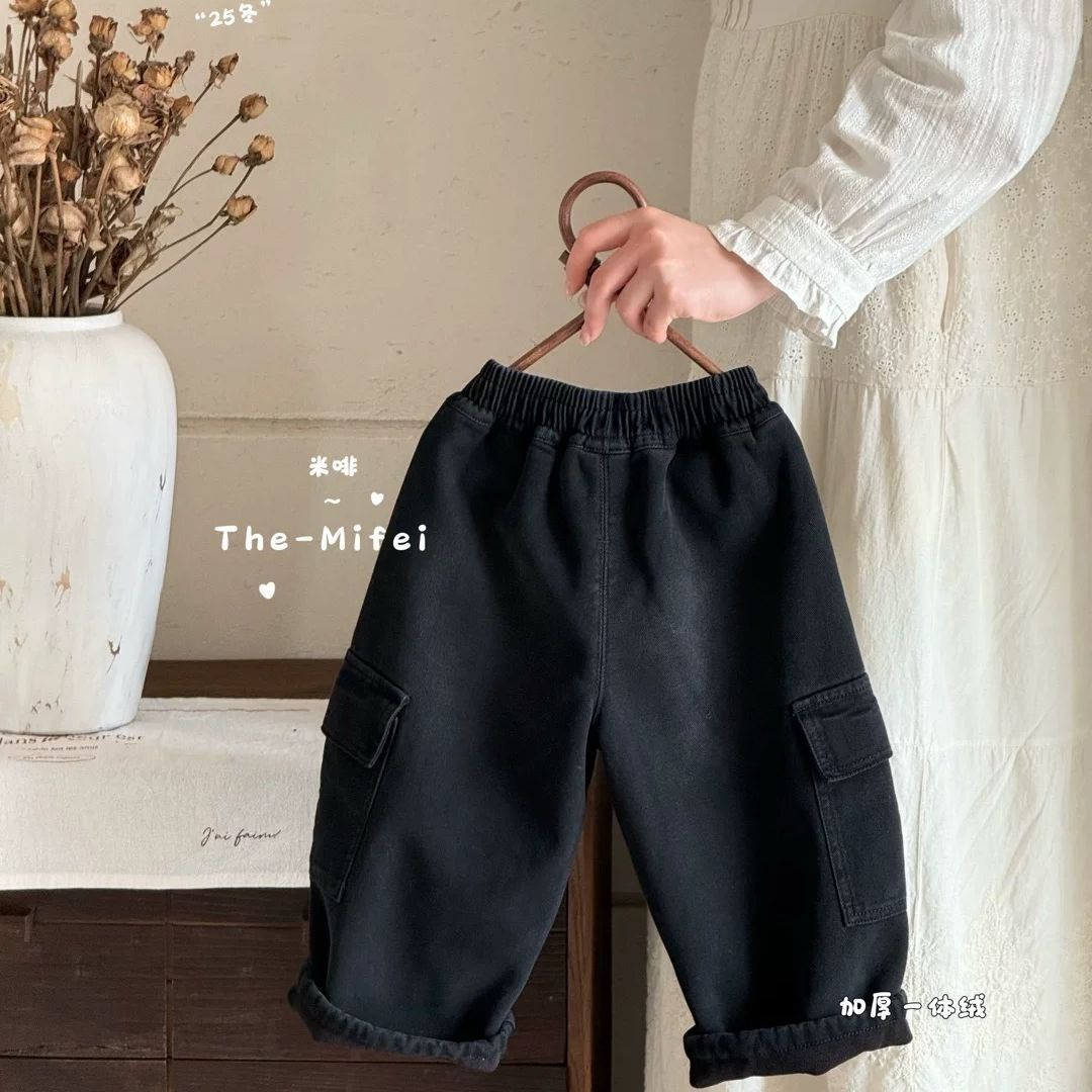 Winter Denim Pants for Boys and Girls, Stylish Children's Trendy Brand Thickened Fleece-Lined Cargo Pants with Letter Pockets