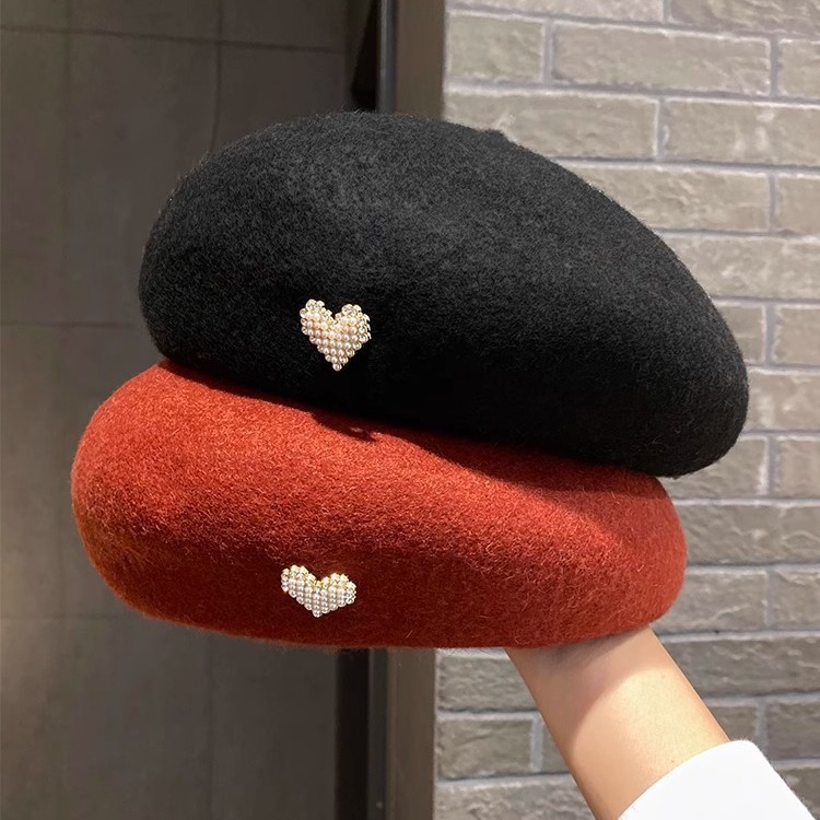 Metal Love Design Sense Beret Women's Autumn and Winter Warm Woolen Hat Shown Face Small Painter Hat Japanese Pumpkin Hat