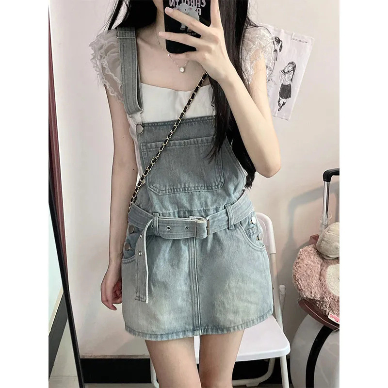 Retro Hong Kong-Style Denim Suspender Skirt for Women, New Summer Fashion, Trendy Niche Design, A-Line Slimming Short Skirt