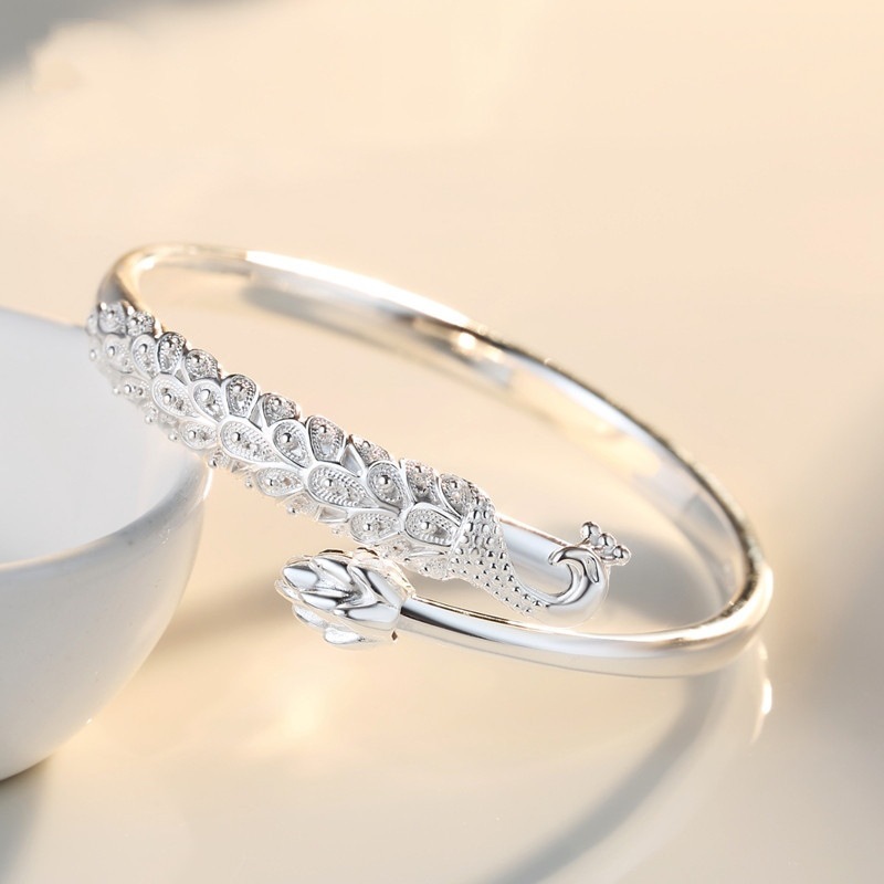 Charm Relief Peacock Bracelet Women's White Copper Silver Plated Ethnic Style Elegant Bracelet Lotus Seed Phoenix Nirvana Open Bracelet