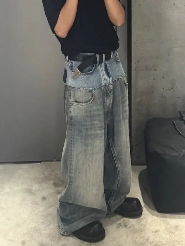 TKPA美式高街设计感双层拼接Baggy牛仔裤宽松阔腿直筒牛仔长裤男