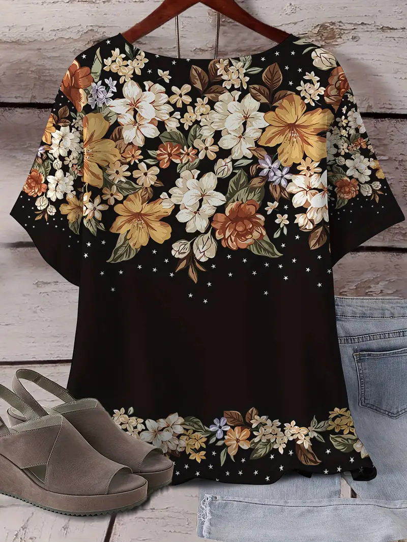 2025 Cross-border European and American Explosions Elegant Leisure Spring and Autumn Round Neck Printed Short-sleeved Women's Top T-shirt