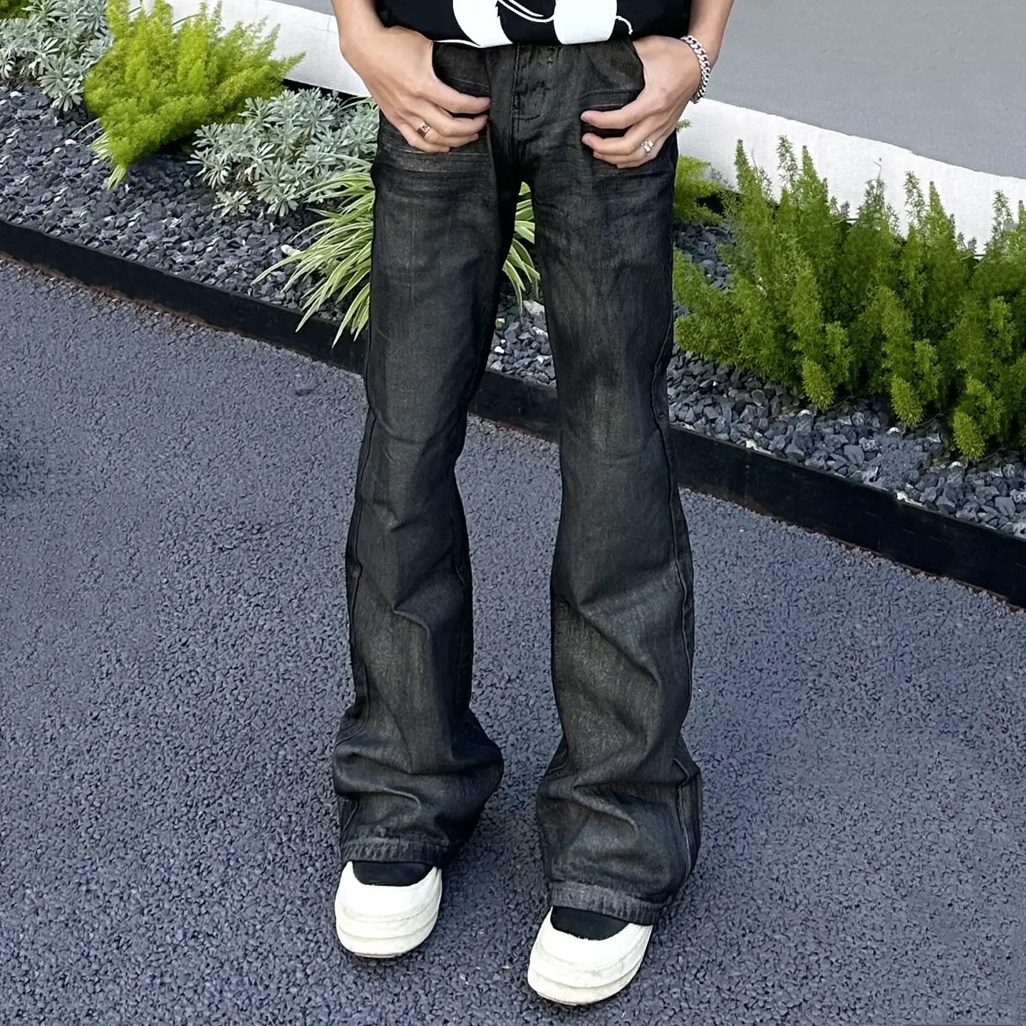 American-style high-street vibe style high-grade washed black wax pants micro-horn pants jeans brushed coated pants men