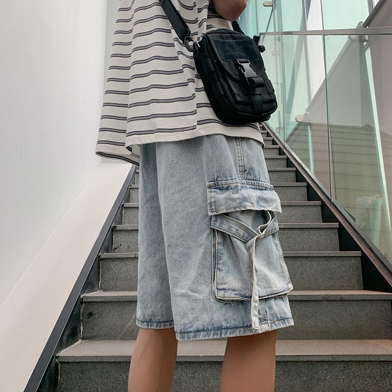 Summer Elastic Waist Drawstring Three-dimensional Large Pocket Denim Shorts Men's Fashionable Hip-hop High Street Outer Wear Loose Pants