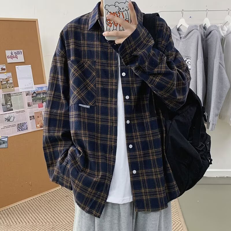 Plaid Long-Sleeved Shirt Men's Spring and Autumn Loose Korean Style Trendy Casual Retro Outer Wear Brushed Loose Shirt Wholesale