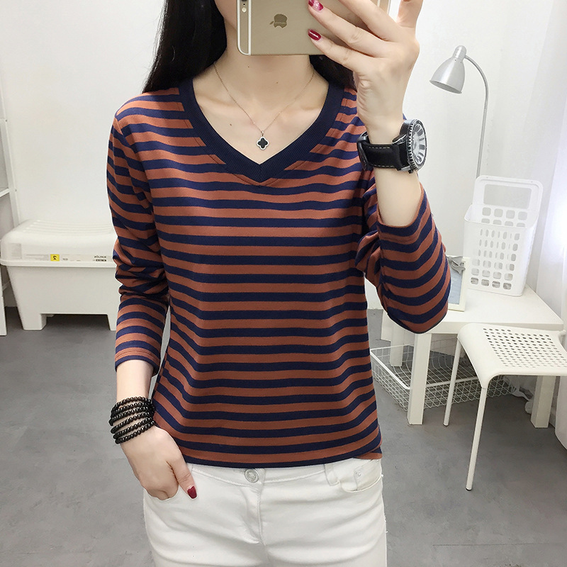 2025 New Korean Style Plus-Size 100kg Cotton V-Neck Striped Long-Sleeve T-Shirt for Women, Suitable as an Inner Layer