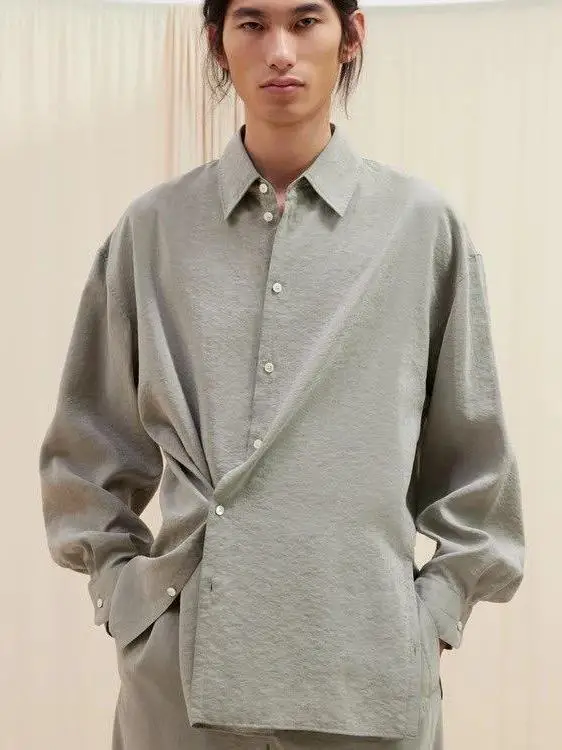 Spring Seconds Lemair* Side Slit Shiny Dry Silk Shirt for Men 24 Light Gray Top Diagonal Button Shirt Dry Silk
