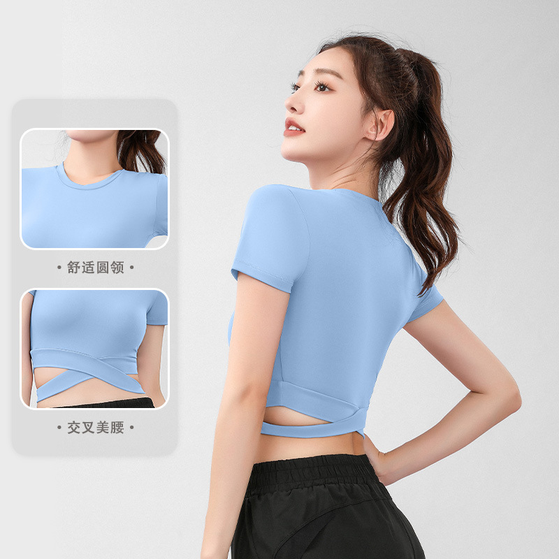 Peach New Crossed Navel Short-sleeved Soft Skin-friendly Running Fitness Top Crossed Waist Naked Yoga Clothes for Women