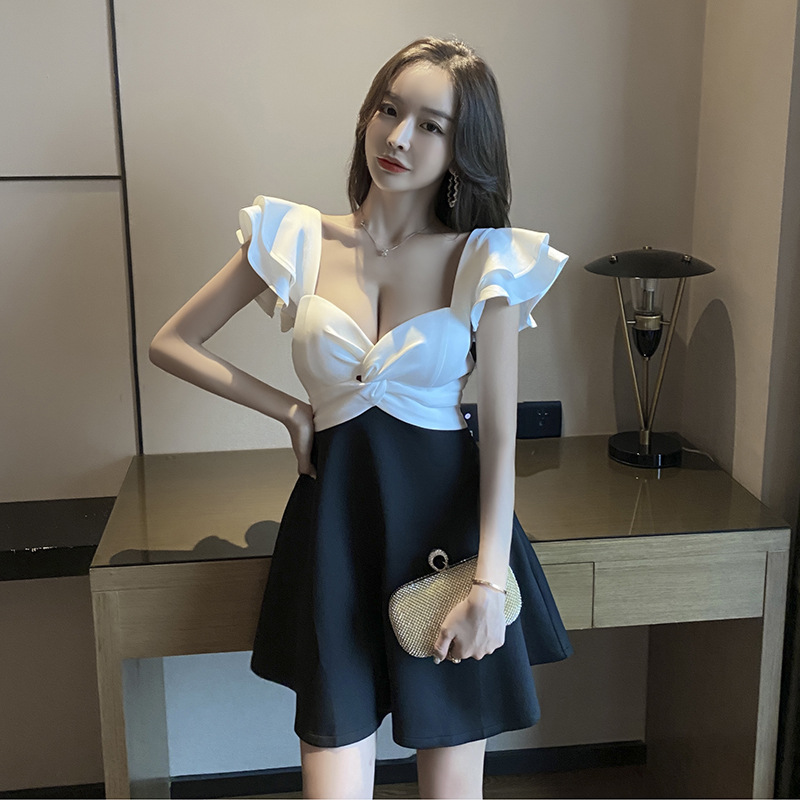 Nightclub women's deep V-neck low-cut waist A- line skirt slim-fit belly-covering slimming women's short skirt for night show sexy dress