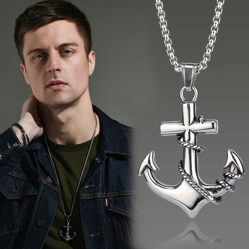 2021 New European and American titanium steel Caribbean pirate ship anchor cross necklace men's retro chain cross-border wholesale