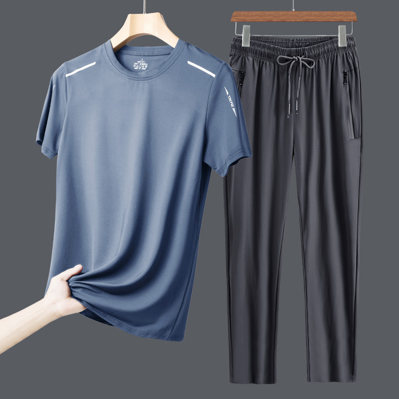 Dad's Thin Casual Sports Suit Men's Summer Short-Sleeved T-Shirt Middle-Aged Summer Ice-Feel Clothes Middle-Aged and Elderly Clothes