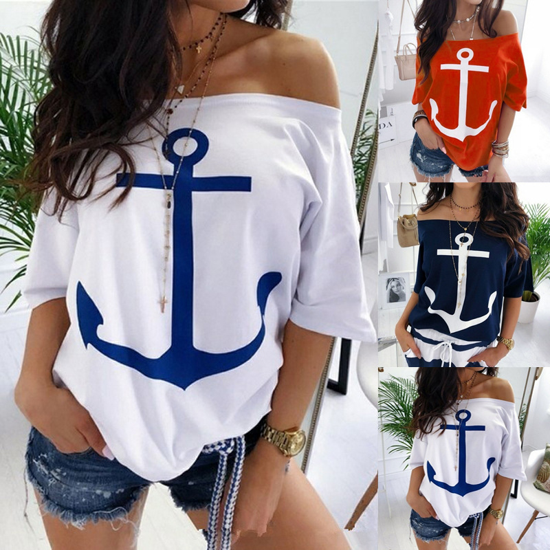 Spot New Wish Amazon Ebay Popular Loose One-Shoulder Bat Shirt Printed T-Shirt for Women Om8839