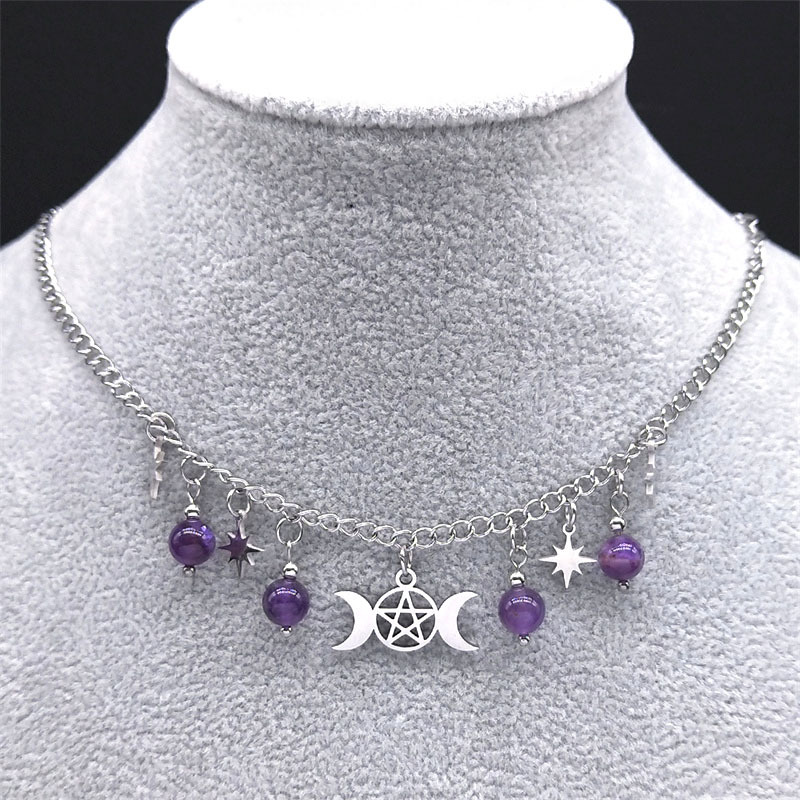 Triple Moon Goddess Pentagram Necklace Stainless Steel Mysterious Hercar Women's Accessories Jewelry Moon Jewelry