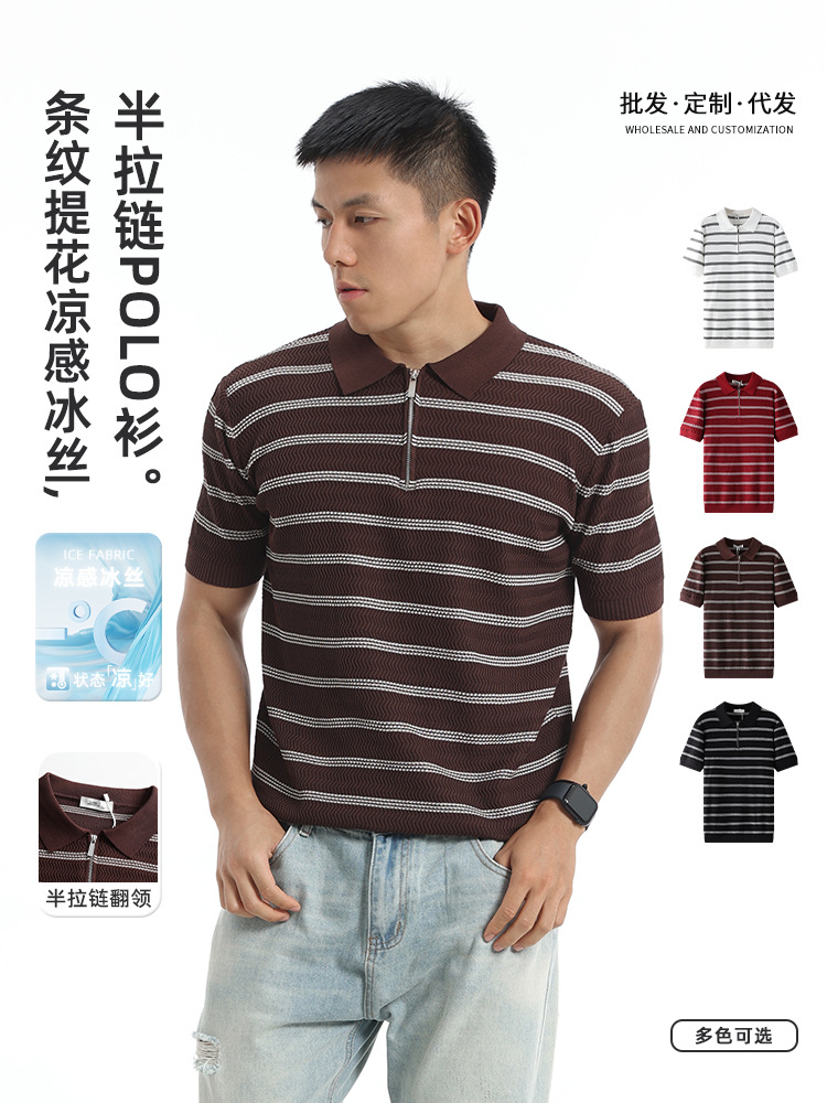 Cross-Border Men's Clothing Men's Polo Shirt Short-Sleeved Collared Top Summer Business Casual Polo Ice Silk Knitted Polo Shirt