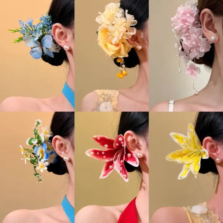 Fabric Flower Butterfly Hair Clip, Seaside Vacation Style, Sweet and Fresh Side Duckbill Clip, Niche High-End Hair Accessory