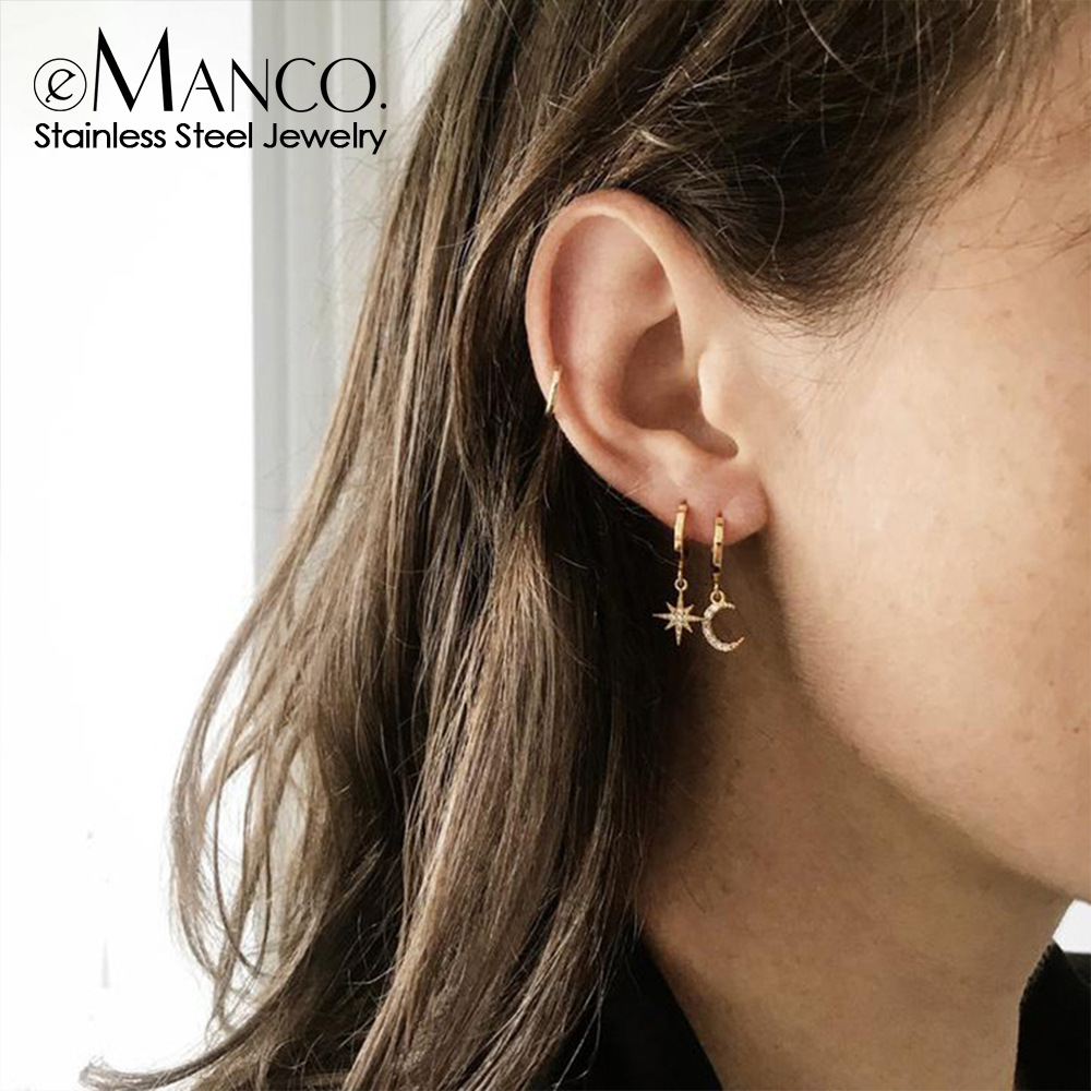 Emanco Star Moon Stainless Steel Earrings for Women Asymmetrical Diamond Titanium Steel Earrings Cross-Border European and American Full Diamond Earrings