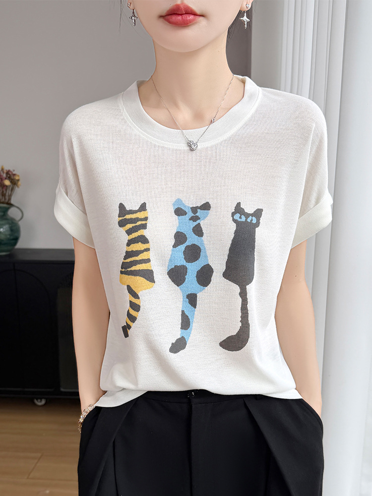 Printed Round Neck Fine Knit Short-Sleeved Top 2026 Spring and Summer New Style Pullover T-Shirt for Women Daily Casual Base Shirt