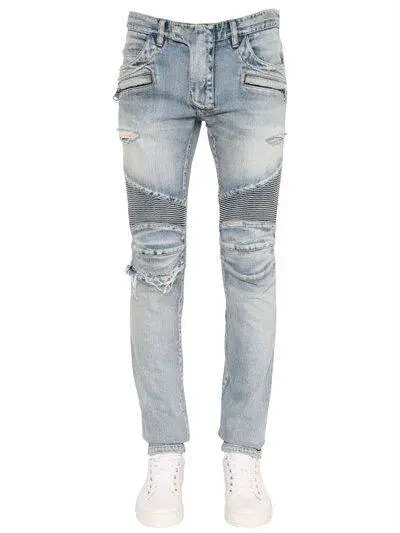 European and American Street Fashion Punk Versatile Classic Knee Pleated Ripped Stretch Youth Retro Biker Denim Men's Pants