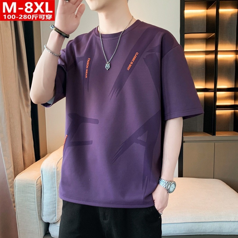 Summer Trendy Hong Kong Style Men's Printed Round Neck Short-Sleeved T-Shirt for Fat Men Plus Size Loose Casual T-Shirt