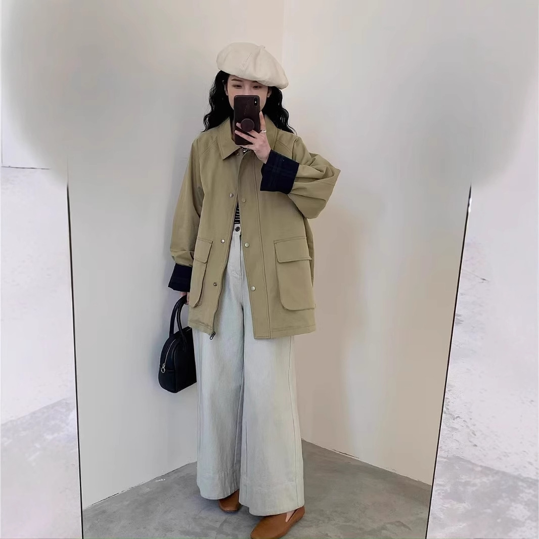 2025 Korean-style Contrast Color Design Lapel Casual Mid-length Coat Loose All-match Workwear Niche Jacket