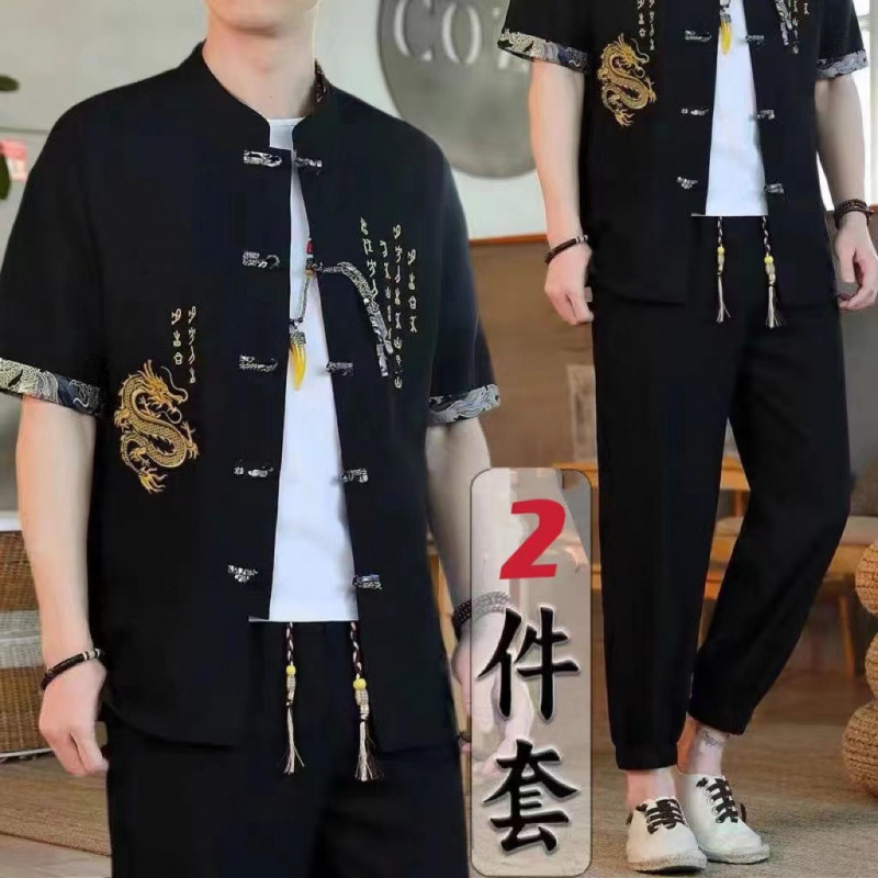 Men's New Chinese-Style Tang Suit Set, Men's Four-Season Fleece-Lined Short-Sleeved Shirt, Ethnic Style Hanfu Two-Piece Set, Trendy