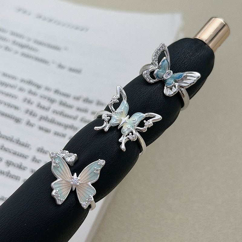 Dreamy Three-Dimensional Butterfly Gradient Blue and White Enamel Zircon Open Ring for Girls, Niche Design Stackable Ring