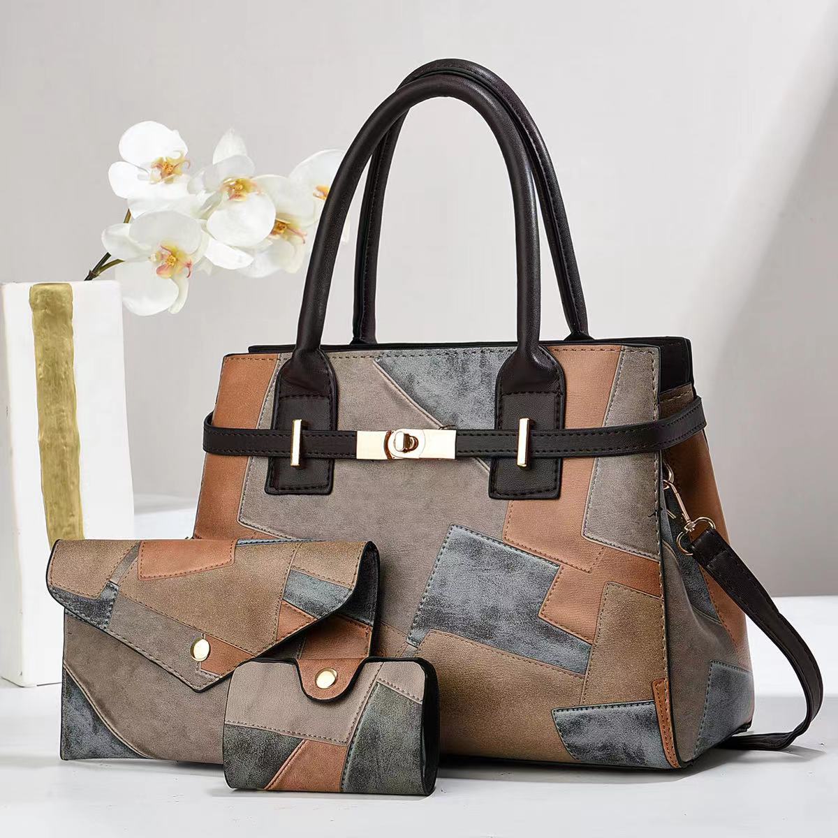 Three-Piece Set of Mother-In-Law Bag Handbag Spliced Large-Capacity Women's Shoulder Crossbody Bag Commuter Handbag