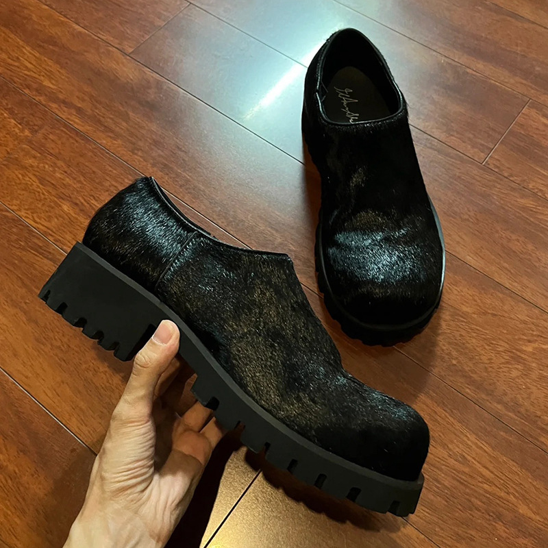 Paris couple's big-toe men's and women's same Derby shoes thick-soled slip-on increased toe casual horse fur real leather shoes