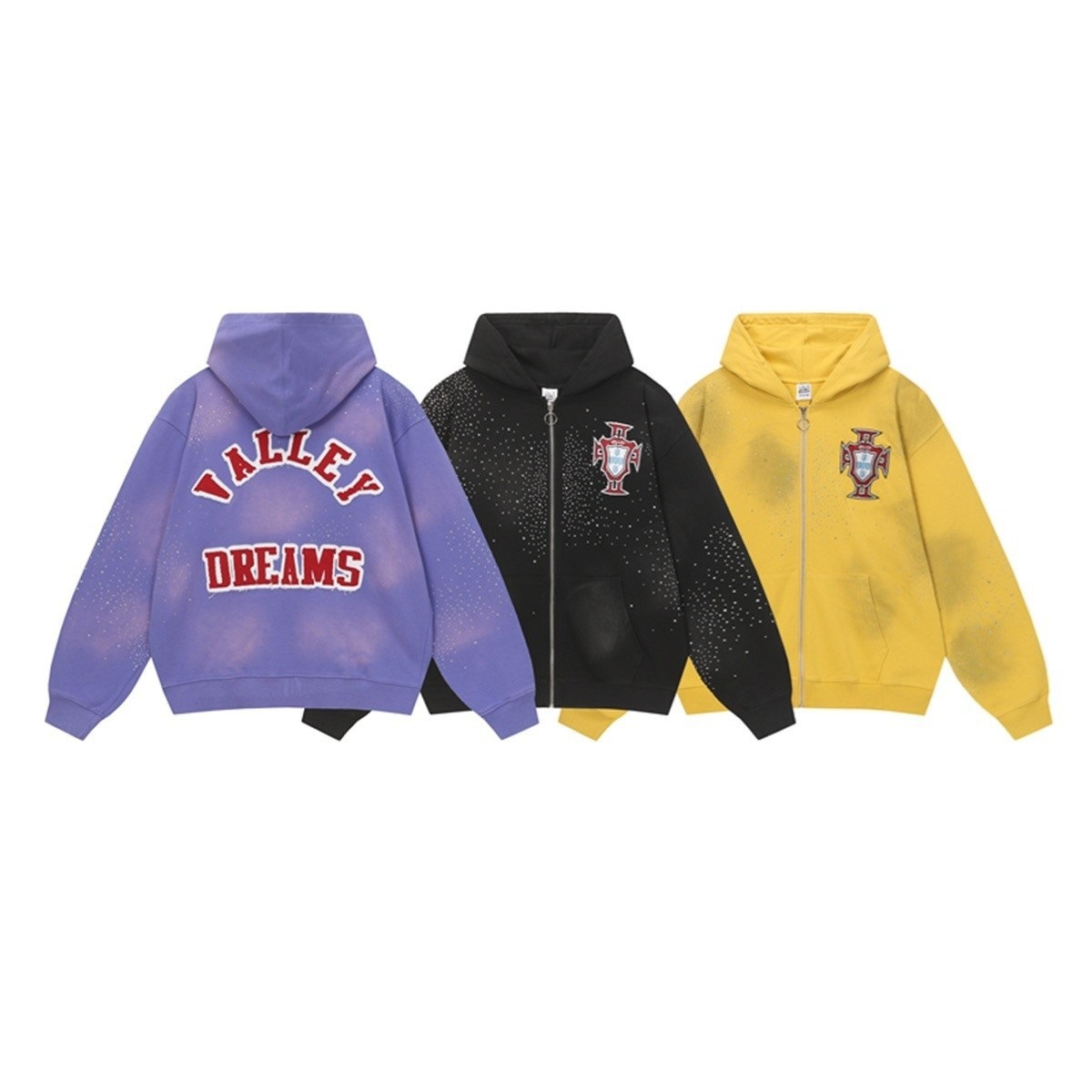 Vale Valley Letter Embroidered Rhinestone Hoodie Unisex Zipper Cardigan Hooded Sweatshirt Jacket