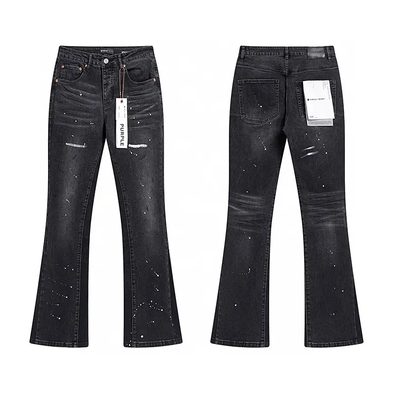 Cross-Border Trendy Brand Purple Brand Washed and Distressed Splash-Ink Process Stretch Denim with Slightly Flared Legs American High Street Fashion