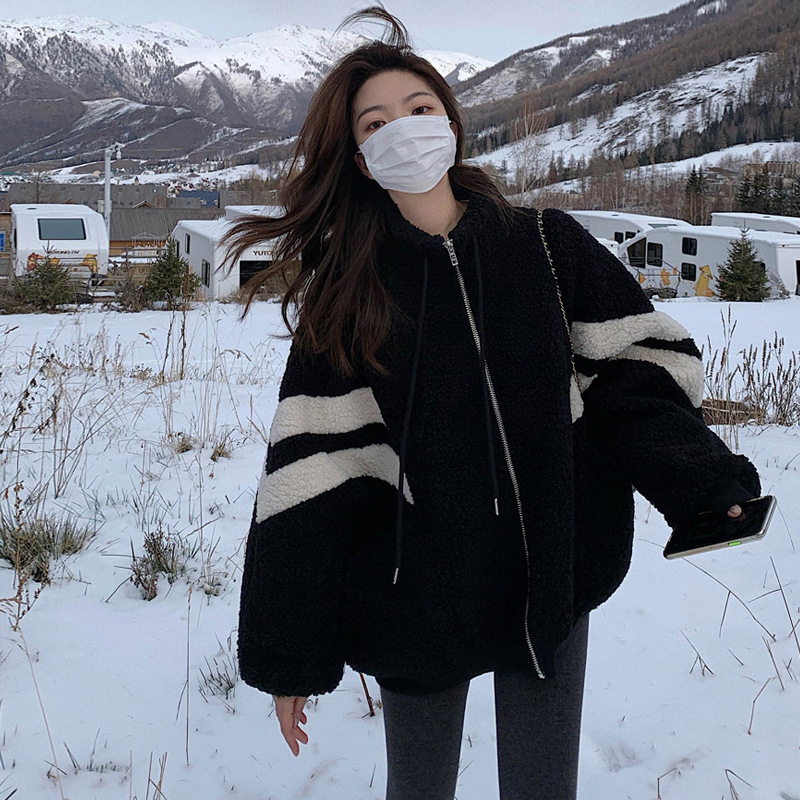 Lamb Velvet Jacket Women's Autumn and Winter New Casual All-match Korean-style Loose fleece-lined Thickened Colorblock Baseball Suit Ins