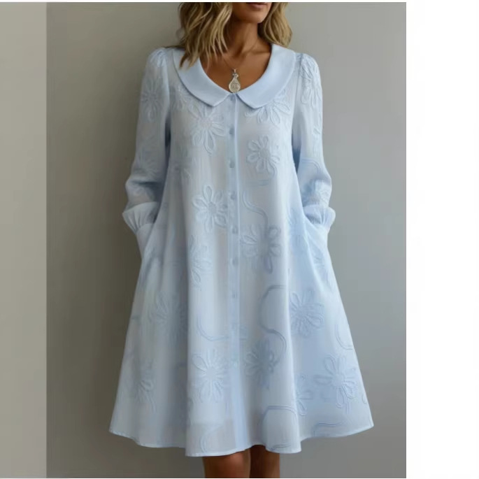2026 European and American Cross-Border Hot-Selling Women's Spring and Summer Casual Solid Color Shirt Collar Long-Sleeve Buttoned Mid-Length Women's Jumpsuit Dress