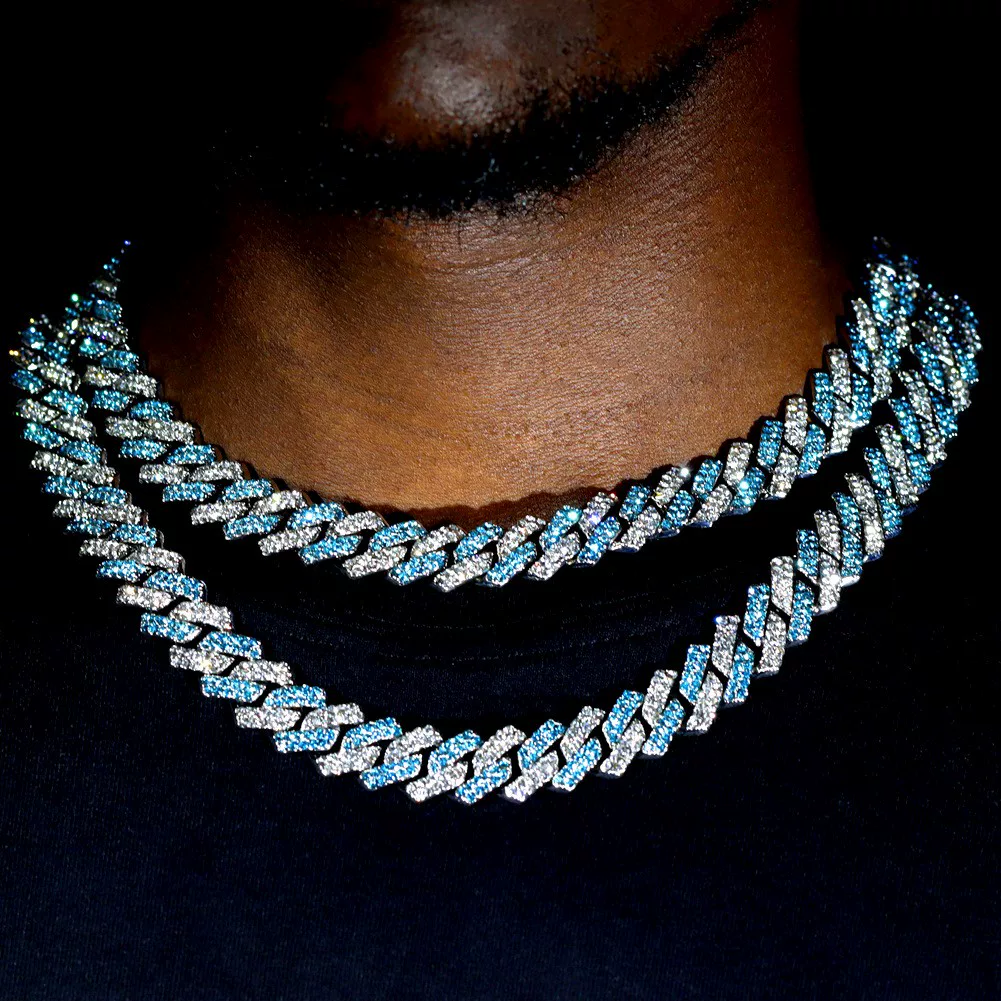 European and American men's hip-hop diamond 14mm colored diamond Cuban chain personality blue diamond pink diamond trendy street style necklace necklace necklace