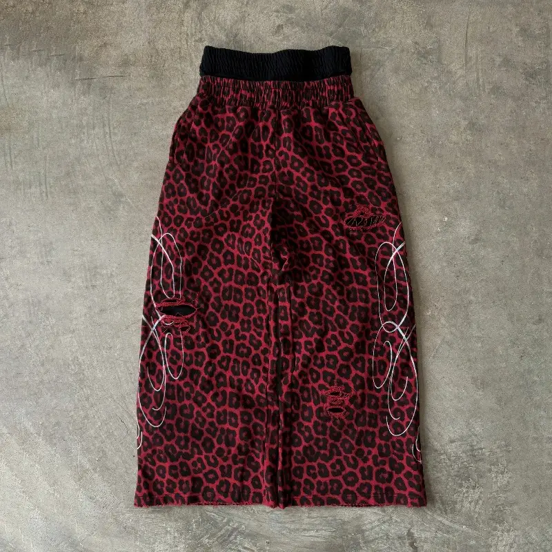 Cross-Border European and American Retro Red Leopard Print Cool Bobble Sweatpants Men's Y2K Street Hip-Hop Ripped Casual Pants Trendy