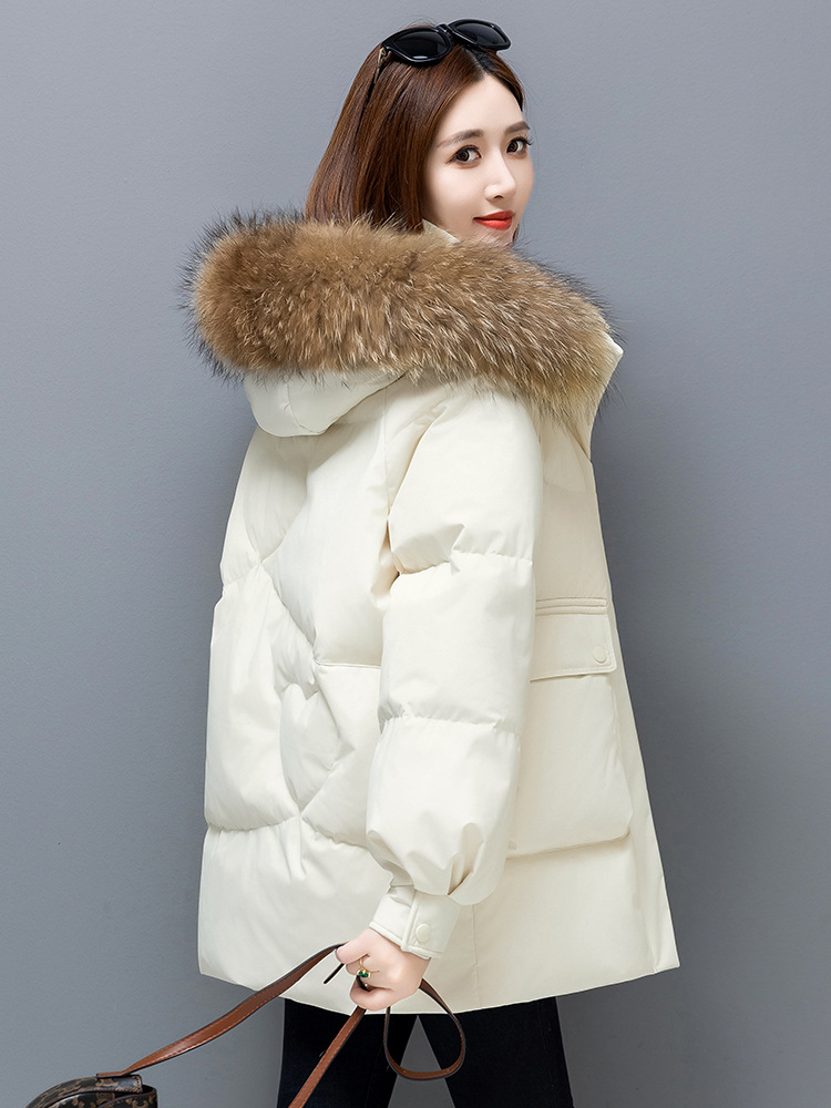 Large Fur Collar down Jacket for Women, Mid-Length, 2025 New Winter Model, White Duck Down, Thickened, Warm, Loose-Fitting, Slimming Coat